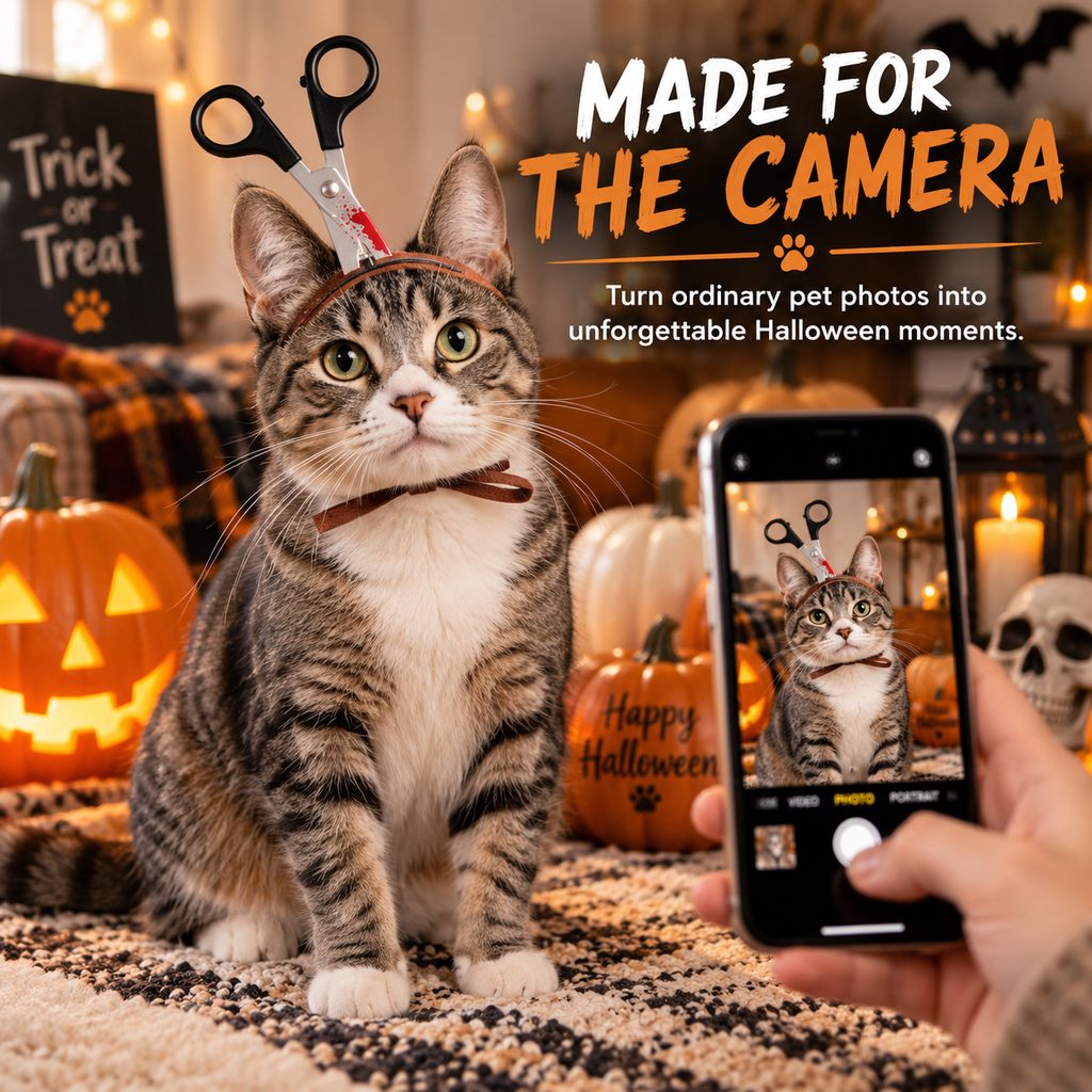 Cat wearing scissors Halloween costume headpiece for photos