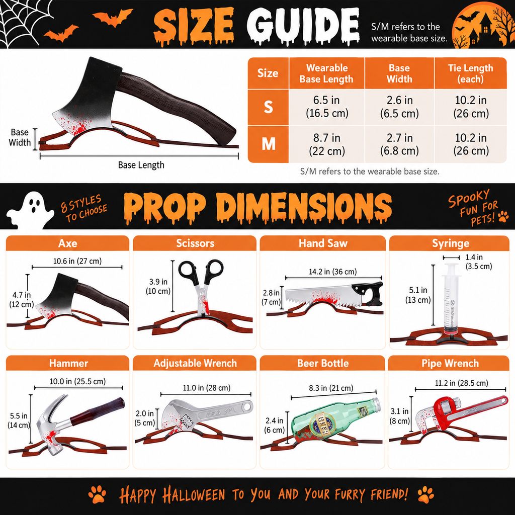Halloween pet headwear size guide and prop dimensions