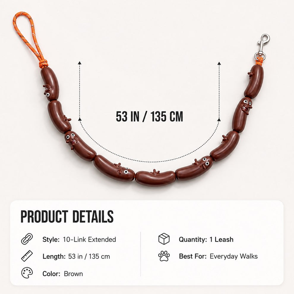 Brown sausage link leash with metal swivel snap hook