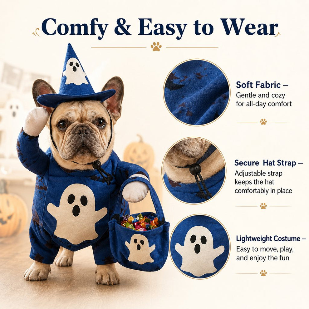 Paws in Awe Glow-in-the-Dark Ghost Wizard Dog Costume with Hat & Treat Bag, Halloween Pet Outfit for Trick-or-Treat, Parties, Photos & Costume Events image 7