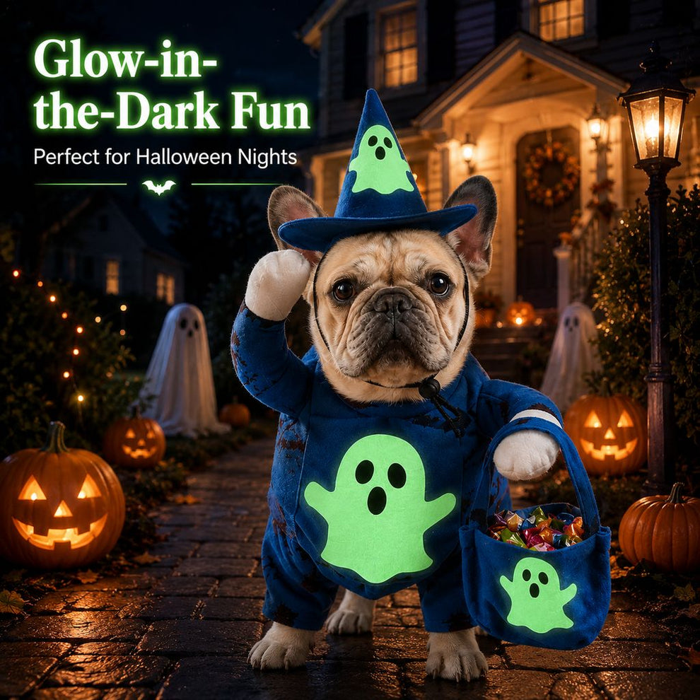 Paws in Awe Glow-in-the-Dark Ghost Wizard Dog Costume with Hat & Treat Bag, Halloween Pet Outfit for Trick-or-Treat, Parties, Photos & Costume Events image 2