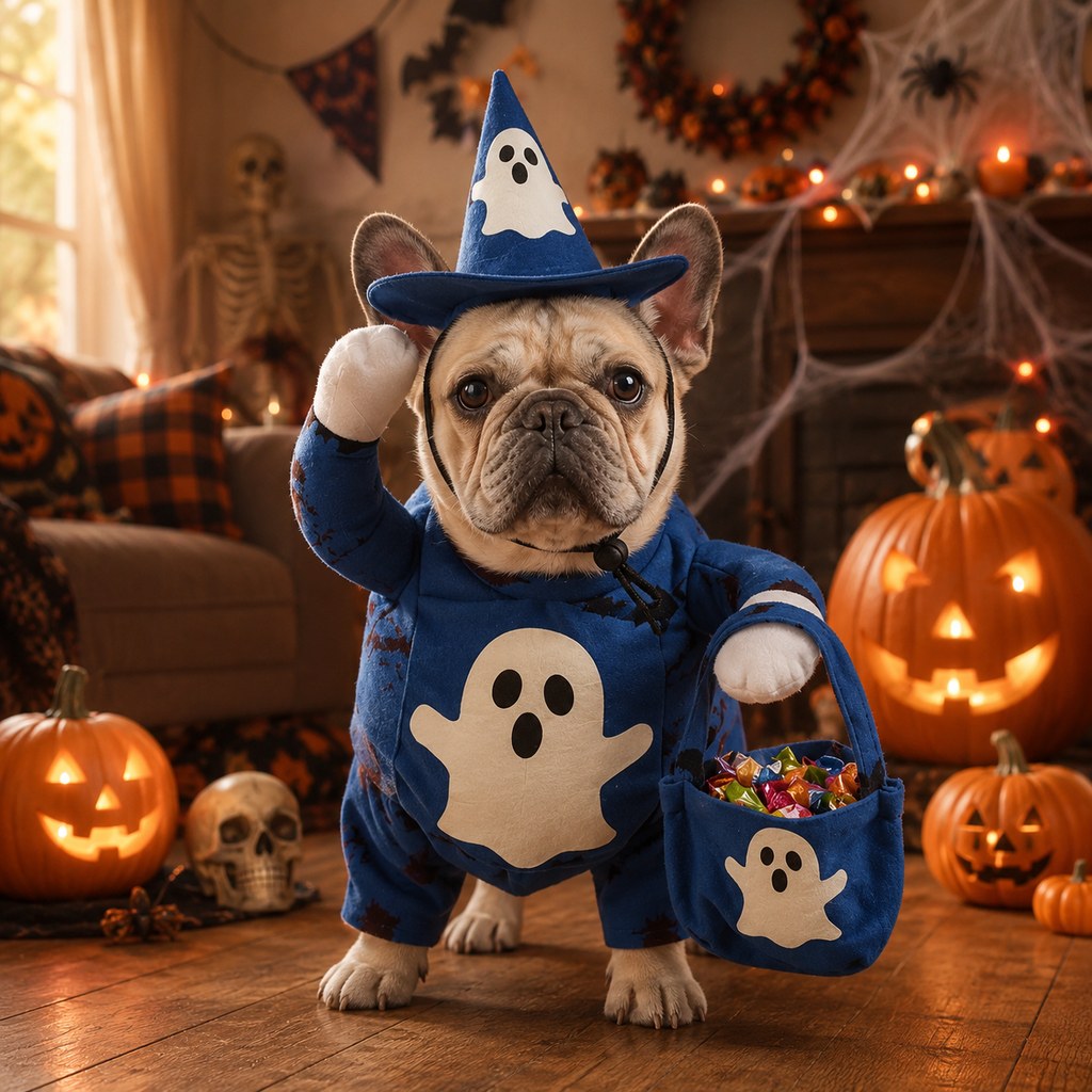 Paws in Awe Glow-in-the-Dark Ghost Wizard Dog Costume with Hat & Treat Bag, Halloween Pet Outfit for Trick-or-Treat, Parties, Photos & Costume Events image 1