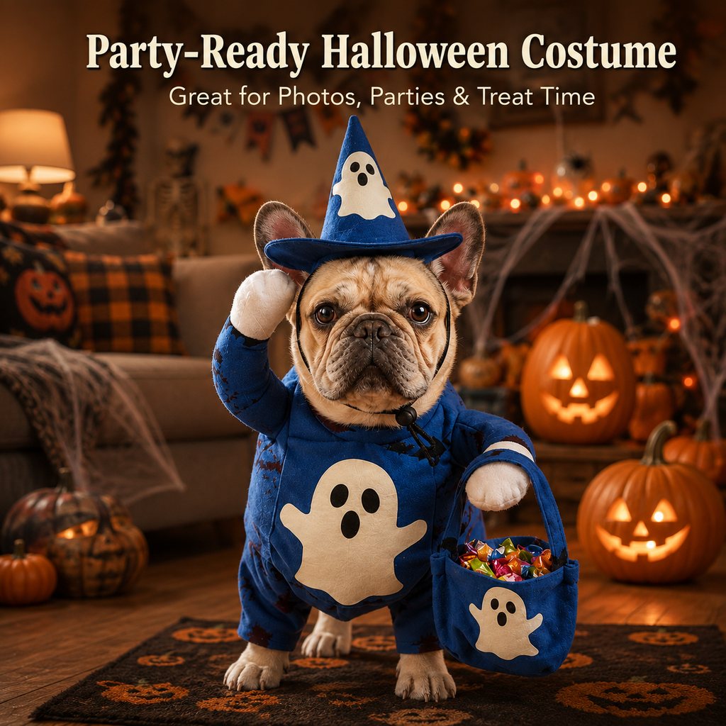 Paws in Awe Glow-in-the-Dark Ghost Wizard Dog Costume with Hat & Treat Bag, Halloween Pet Outfit for Trick-or-Treat, Parties, Photos & Costume Events image 3