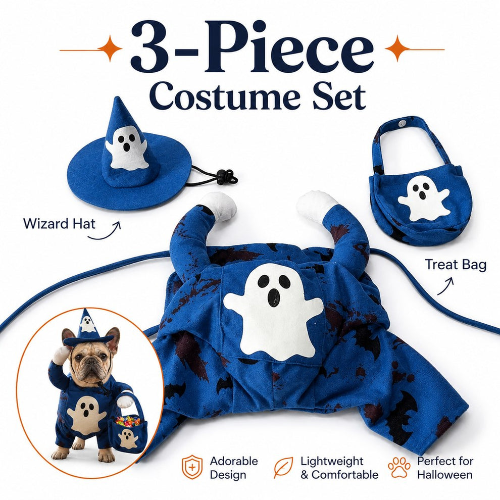 Paws in Awe Glow-in-the-Dark Ghost Wizard Dog Costume with Hat & Treat Bag, Halloween Pet Outfit for Trick-or-Treat, Parties, Photos & Costume Events image 4