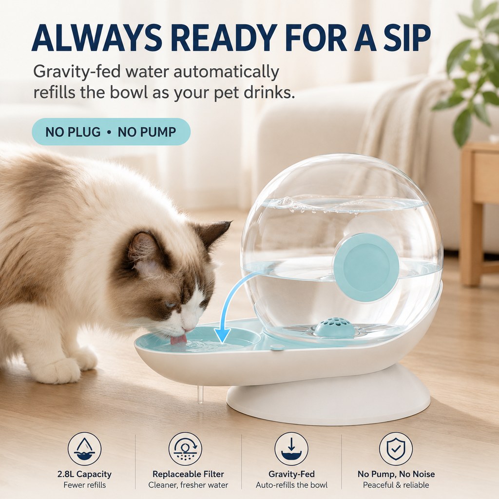 Paws in Awe 2.8L Gravity Pet Waterer for Cats & Small Dogs – No-Plug Auto Refill for Busy Homes image 2