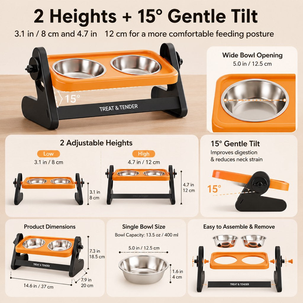 Gray adjustable elevated pet bowl for cats and small dogs