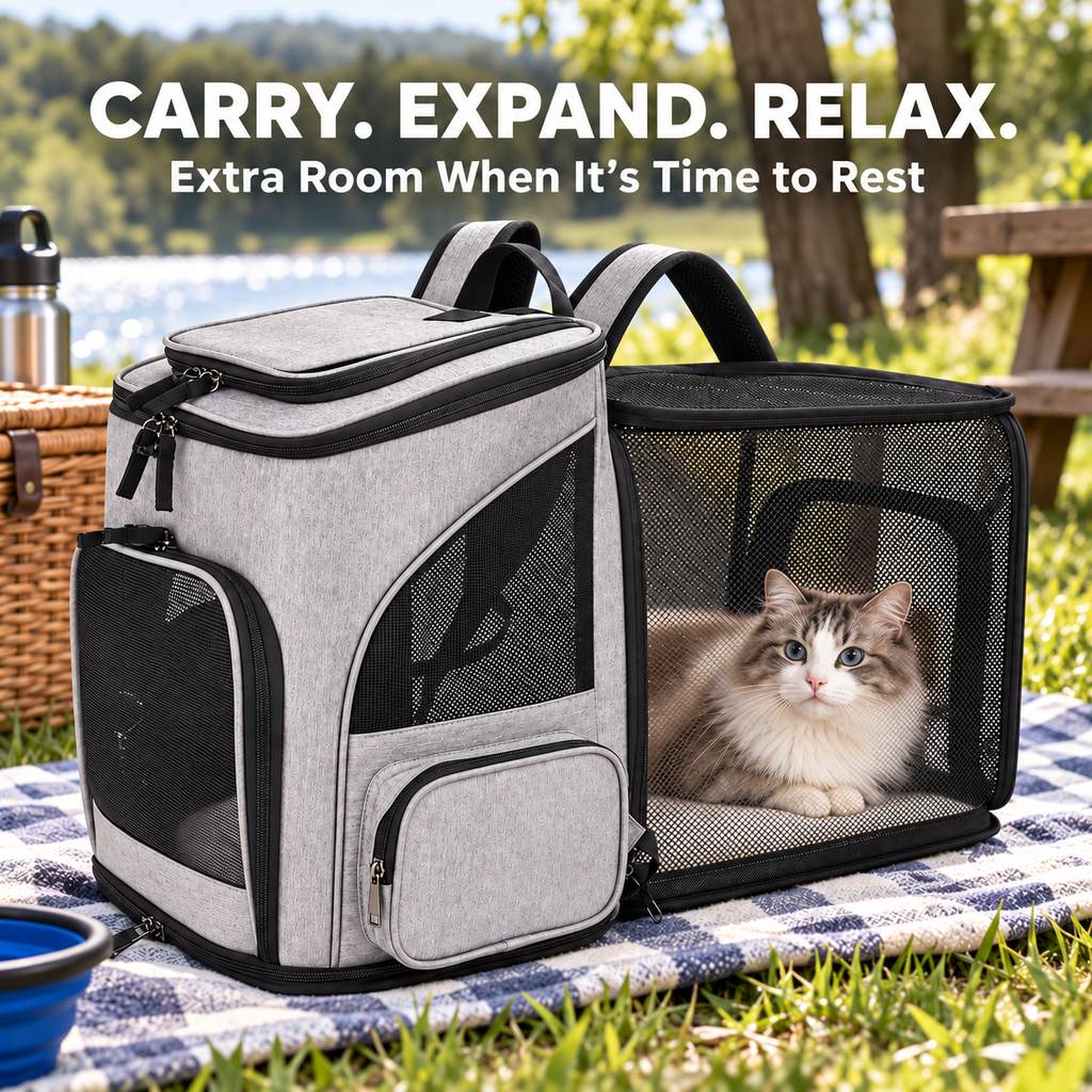 Gray expandable pet carrier backpack in expanded rest mode