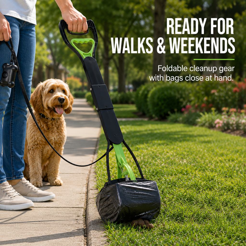 Green accent foldable dog pooper scooper with waste bags
