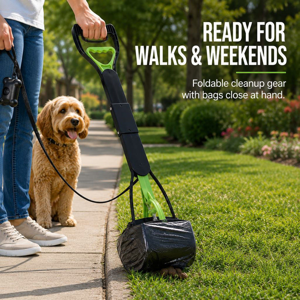 Green accent foldable dog pooper scooper with waste bags