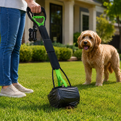 Green accent foldable dog pooper scooper with waste bags lifestyle