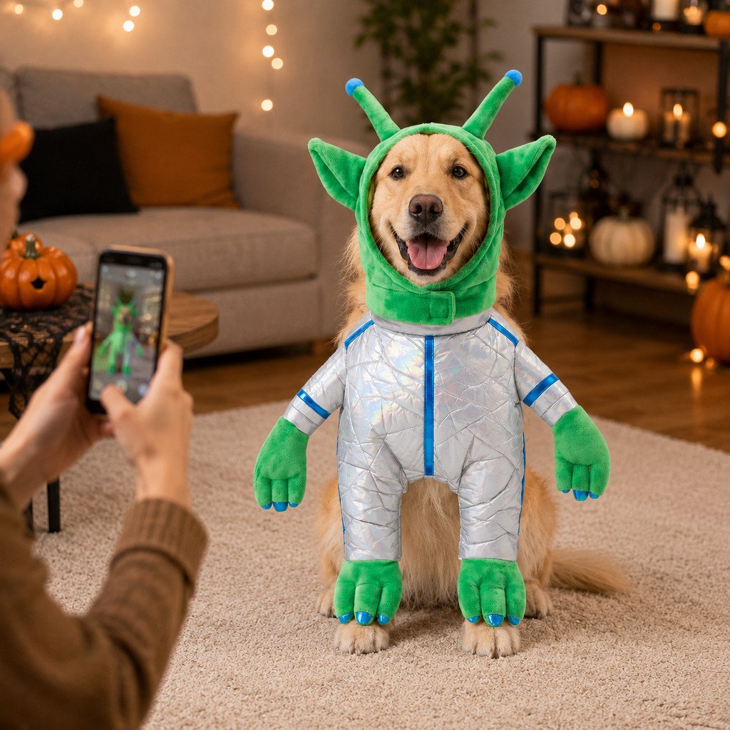 Paws in Awe Green Alien Pet Costume for Dogs & Cats - Funny Halloween Transformation Outfit for Pet Parties, Photoshoots & Costume Events