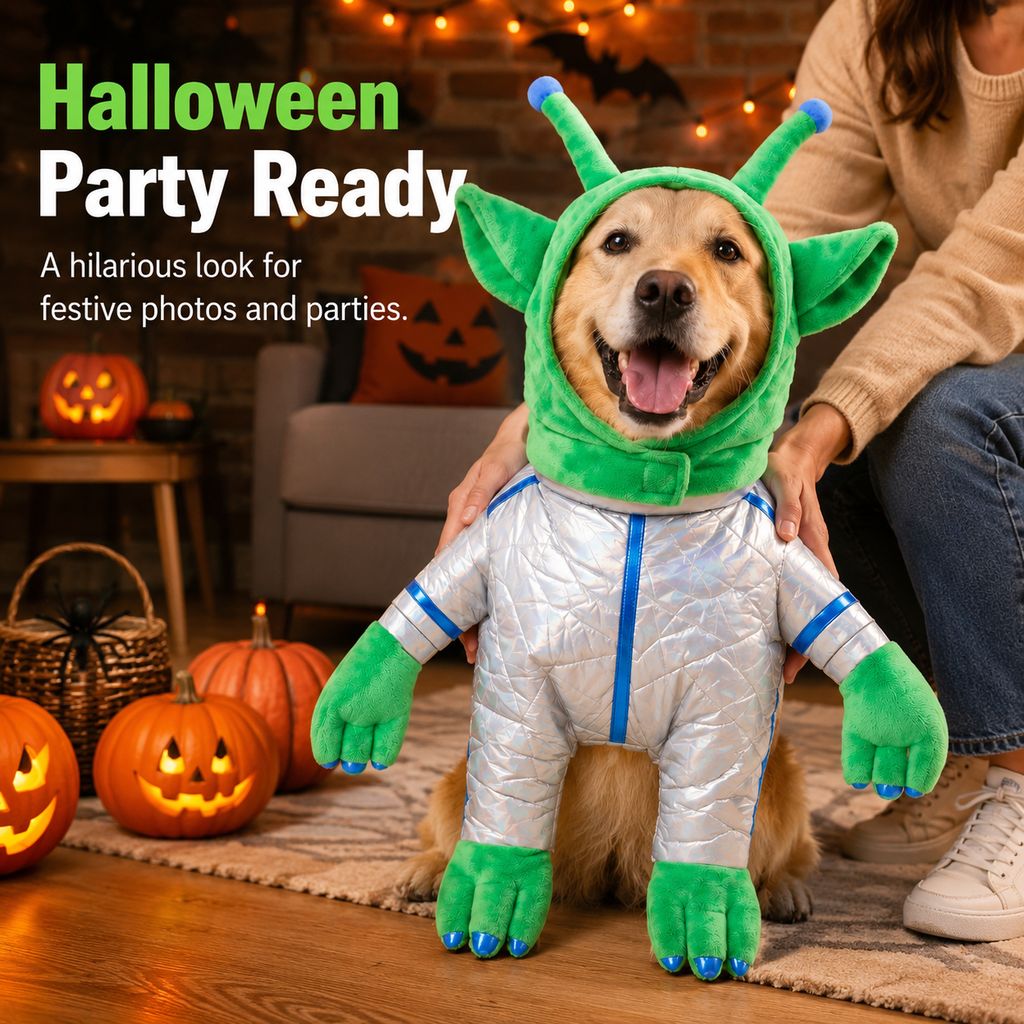 Paws in Awe Green Alien Pet Costume for Dogs & Cats - Funny Halloween Transformation Outfit for Pet Parties, Photoshoots & Costume Events