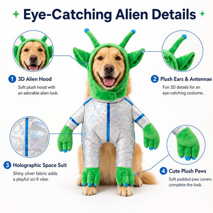 Paws in Awe Green Alien Pet Costume for Dogs & Cats - Funny Halloween Transformation Outfit for Pet Parties, Photoshoots & Costume Events