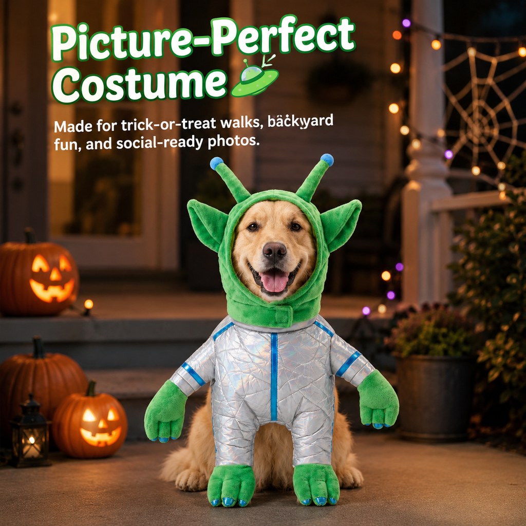 Paws in Awe Green Alien Pet Costume for Dogs & Cats - Funny Halloween Transformation Outfit for Pet Parties, Photoshoots & Costume Events