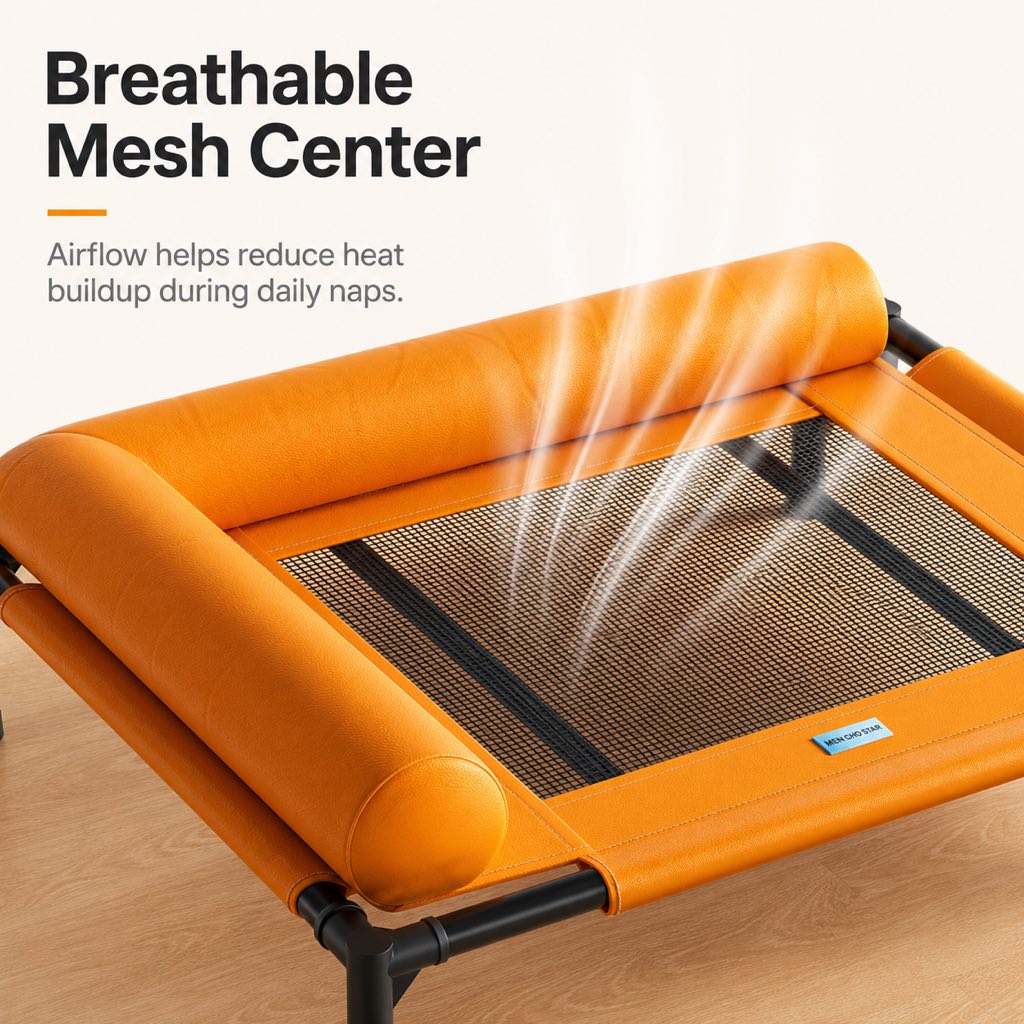 Green elevated dog cot with soft bolsters