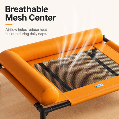 Green elevated dog cot with soft bolsters