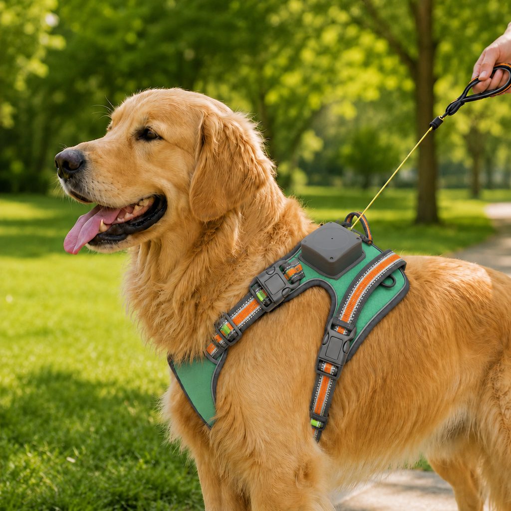 Green reflective dog harness with built-in retractable leash