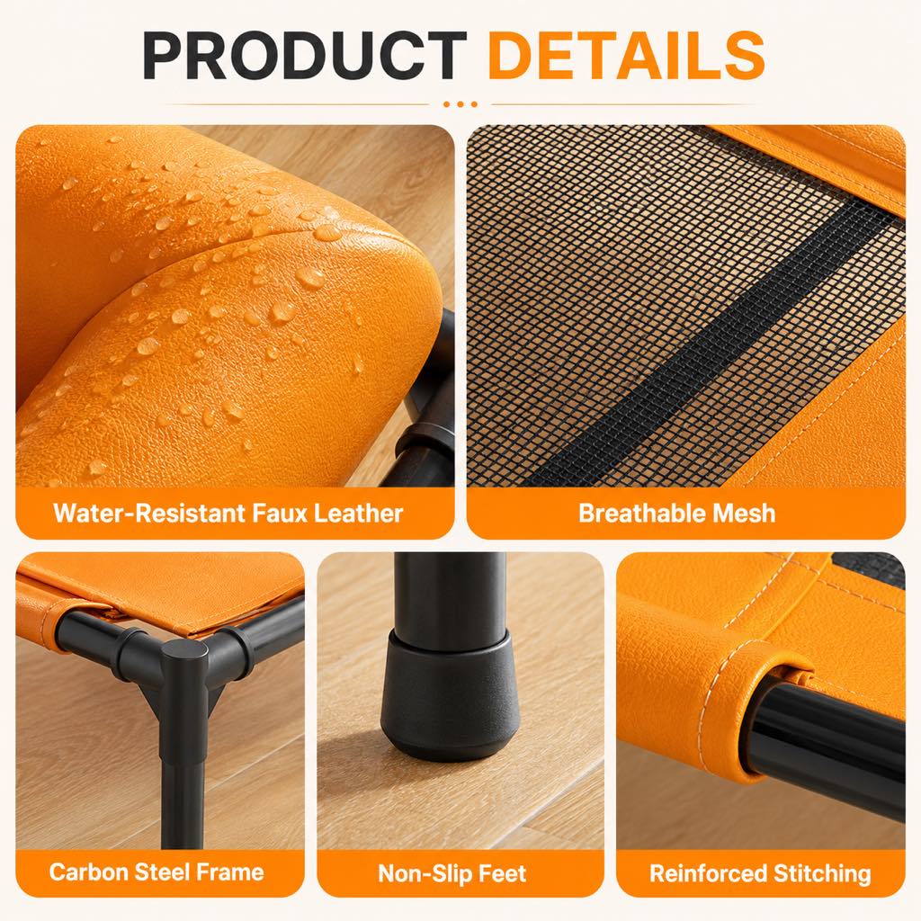 Grey elevated dog cot with soft bolsters