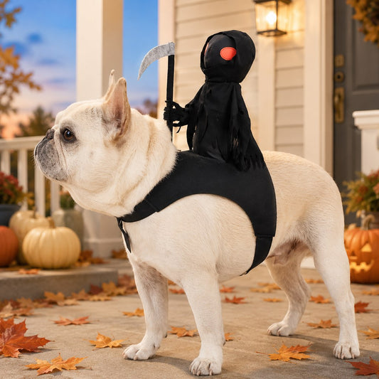 Paws in Awe Grim Reaper Rider Pet Costume – Adjustable 3D Halloween Outfit for Trick-or-Treat, Parties & Photos image 1