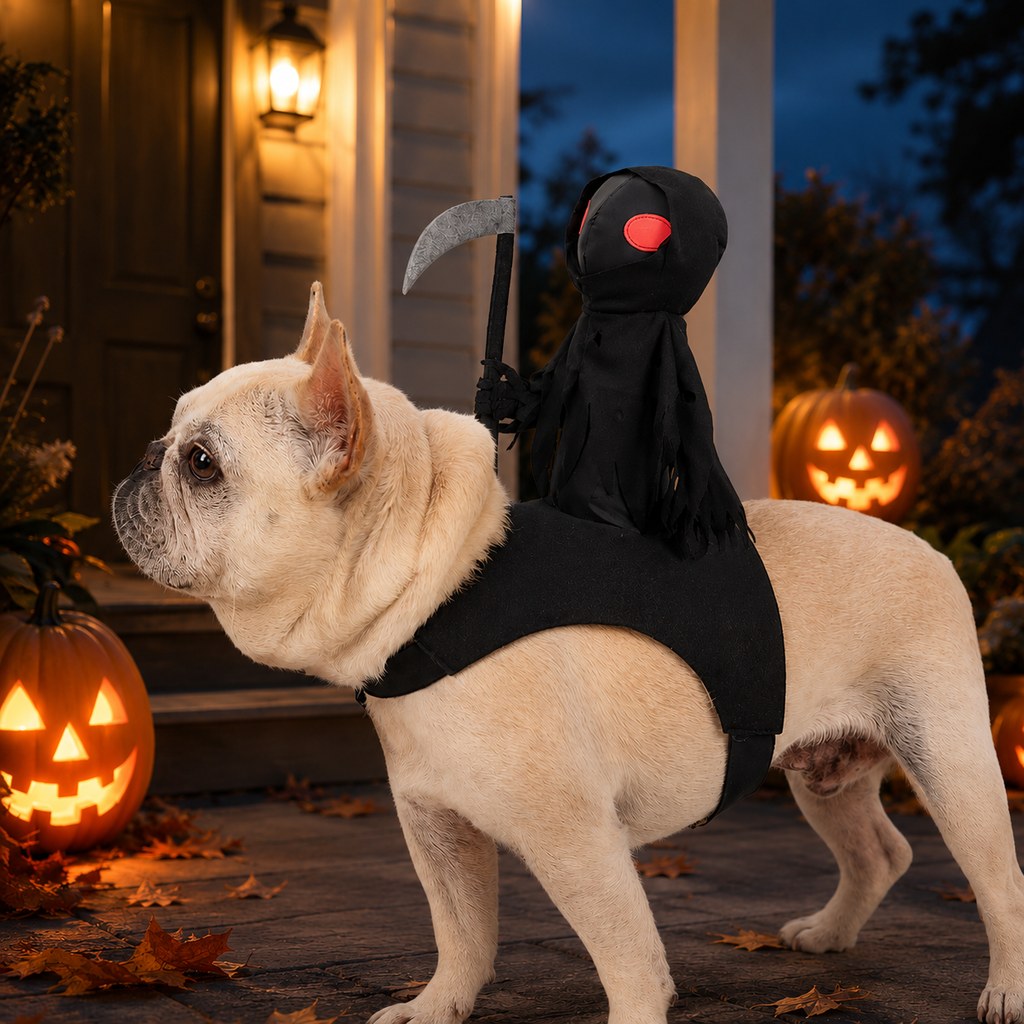 Paws in Awe Grim Reaper Rider Pet Costume – Adjustable 3D Halloween Outfit for Trick-or-Treat, Parties & Photos image 1