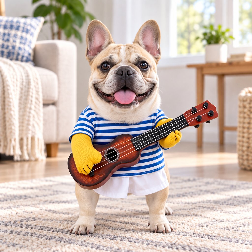 Guitar player dog costume with fake arms and front guitar