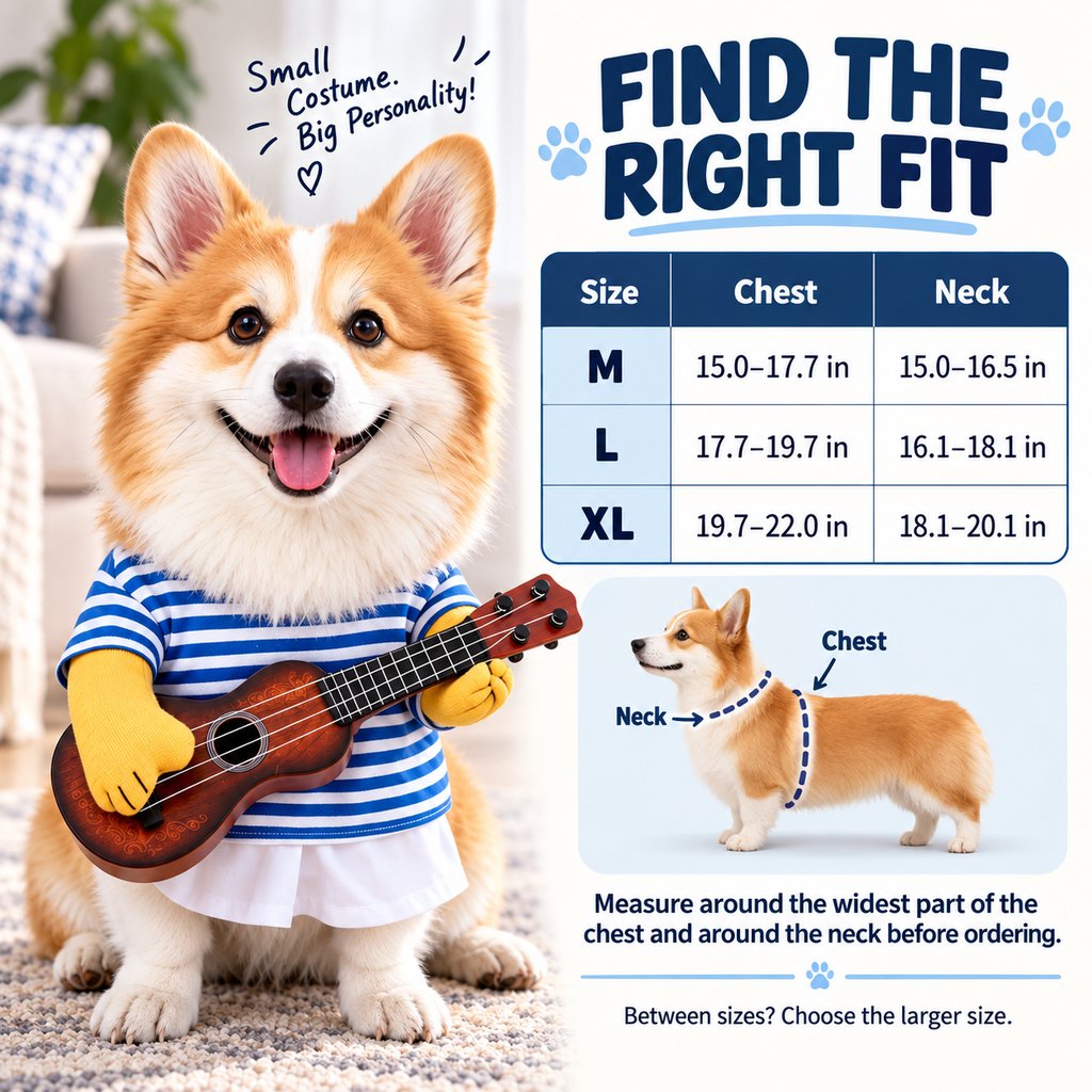 Guitar player dog costume with blue striped shirt fake arms and guitar detail