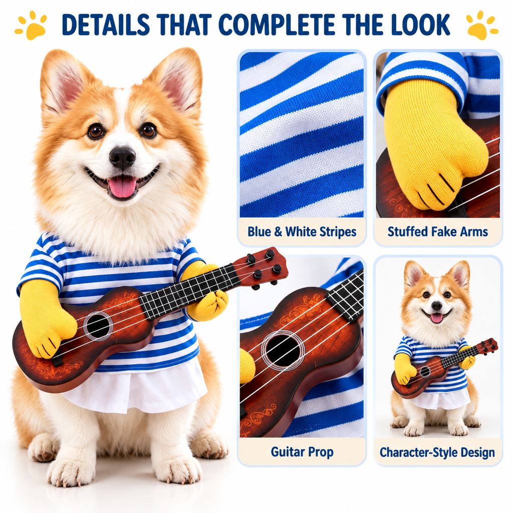 Guitar player dog costume chest and neck size guide M to XL