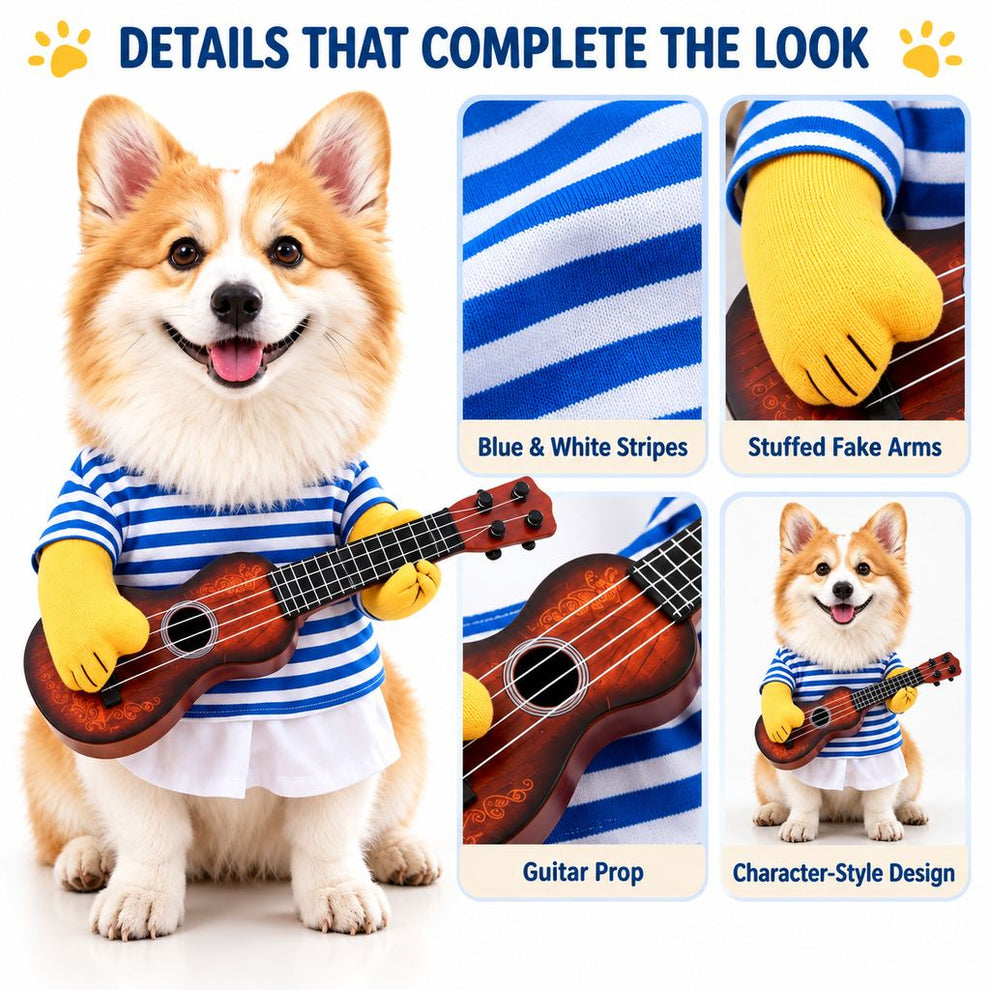 Guitar player dog costume chest and neck size guide M to XL