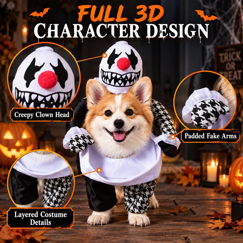 Halloween clown dog costume with decorative fake arms