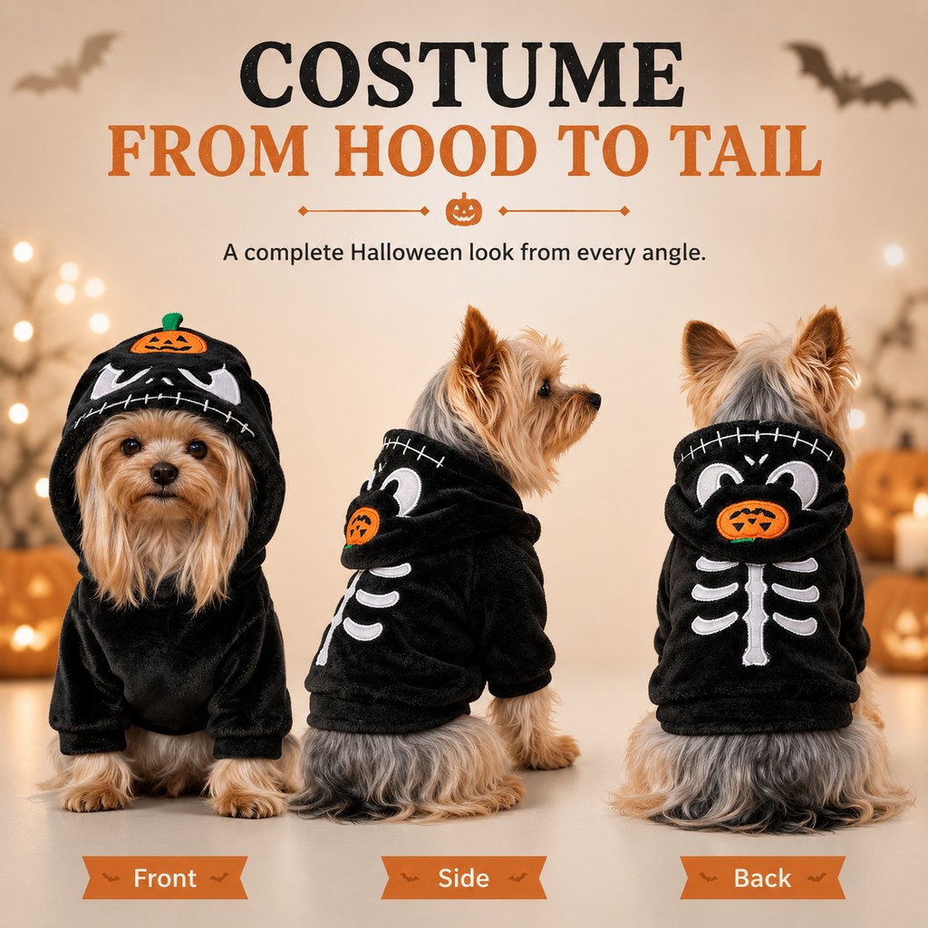 Halloween pet costume hoodie front side and back views