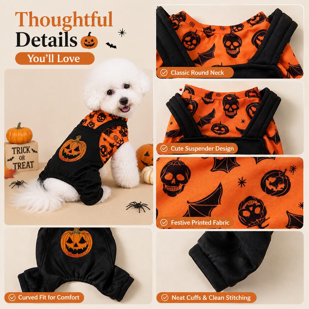 Paws in Awe Halloween Dog Jumpsuit for Parties & Photos - Soft Pumpkin Pet Costume image 8