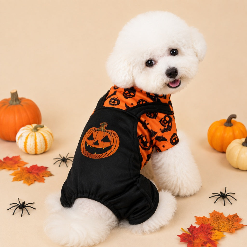 Paws in Awe Halloween Dog Jumpsuit for Parties & Photos - Soft Pumpkin Pet Costume image 1
