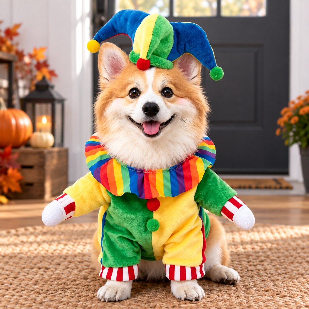 Halloween jester clown dog costume with hat and stuffed fake arms