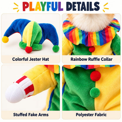 Halloween jester dog costume fabric and character design details