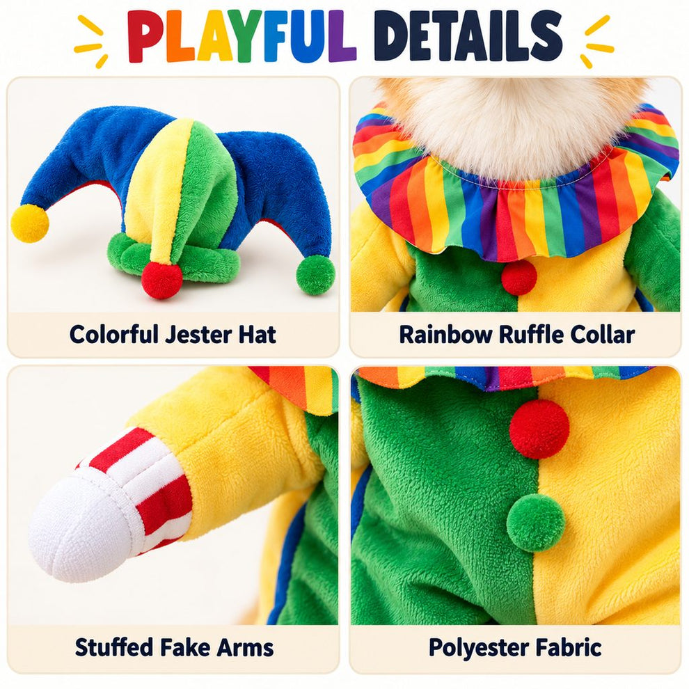 Halloween jester dog costume fabric and character design details