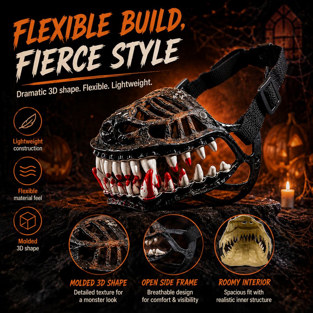 Paws in Awe Halloween Monster Dog Muzzle Costume - Adjustable Open-Nose Fang Mask for Parties, Photos & Spooky Walks image 7