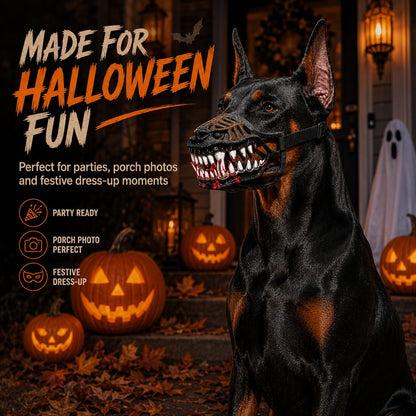 Paws in Awe Halloween Monster Dog Muzzle Costume - Adjustable Open-Nose Fang Mask for Parties, Photos & Spooky Walks image 4