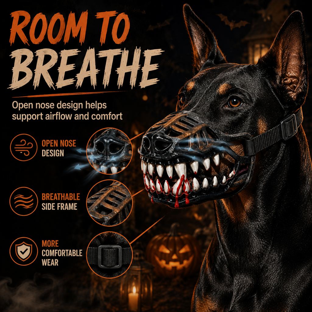 Paws in Awe Halloween Monster Dog Muzzle Costume - Adjustable Open-Nose Fang Mask for Parties, Photos & Spooky Walks image 3