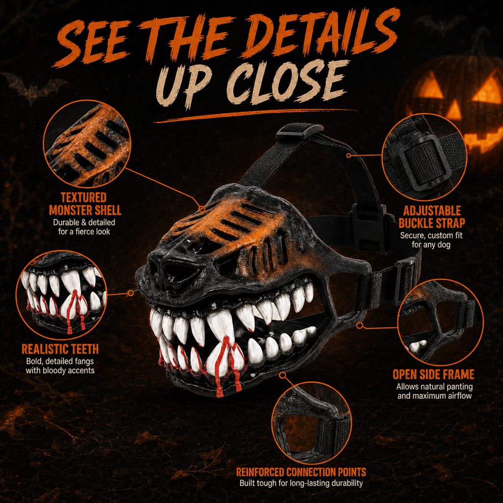 Paws in Awe Halloween Monster Dog Muzzle Costume - Adjustable Open-Nose Fang Mask for Parties, Photos & Spooky Walks image 9