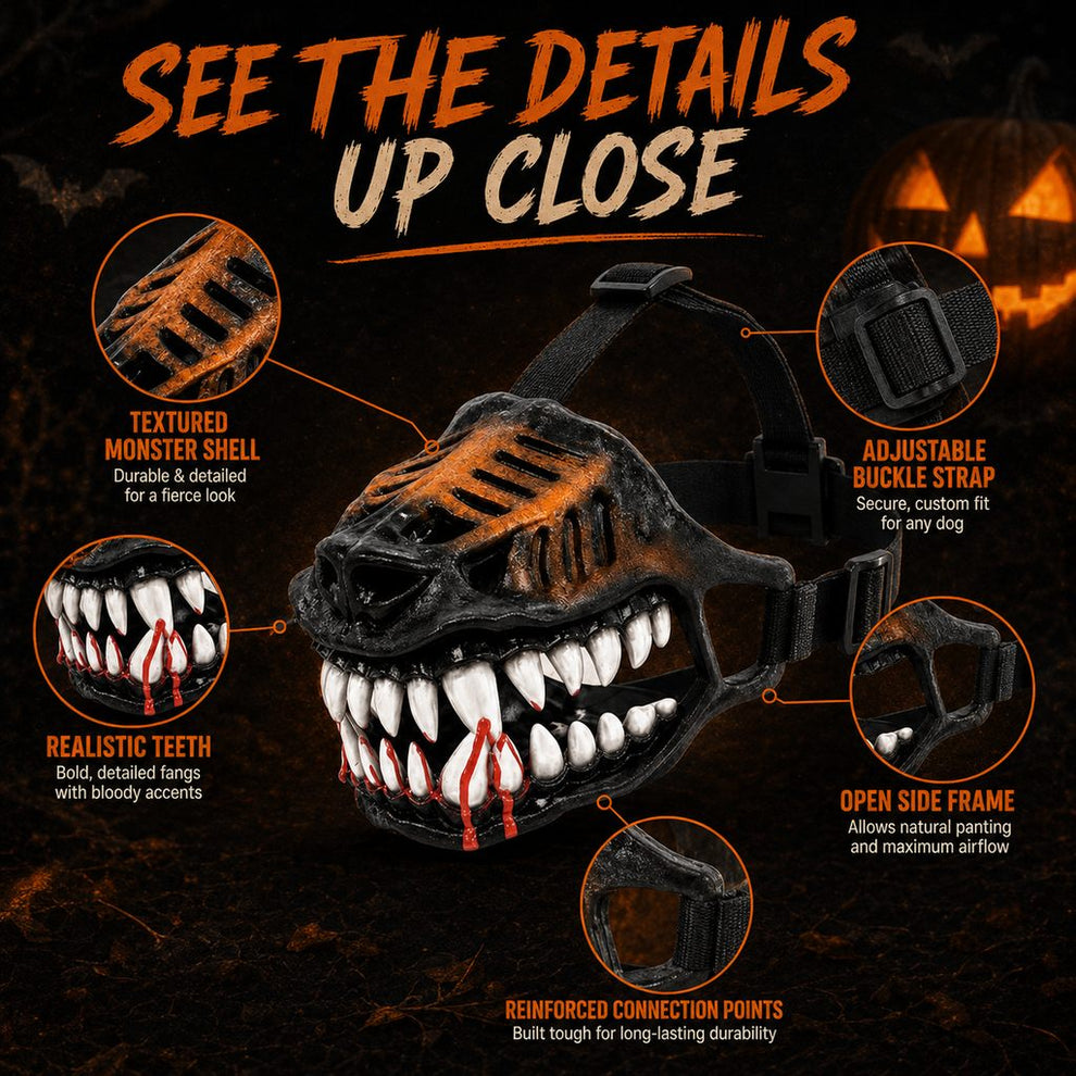 Paws in Awe Halloween Monster Dog Muzzle Costume - Adjustable Open-Nose Fang Mask for Parties, Photos & Spooky Walks image 9