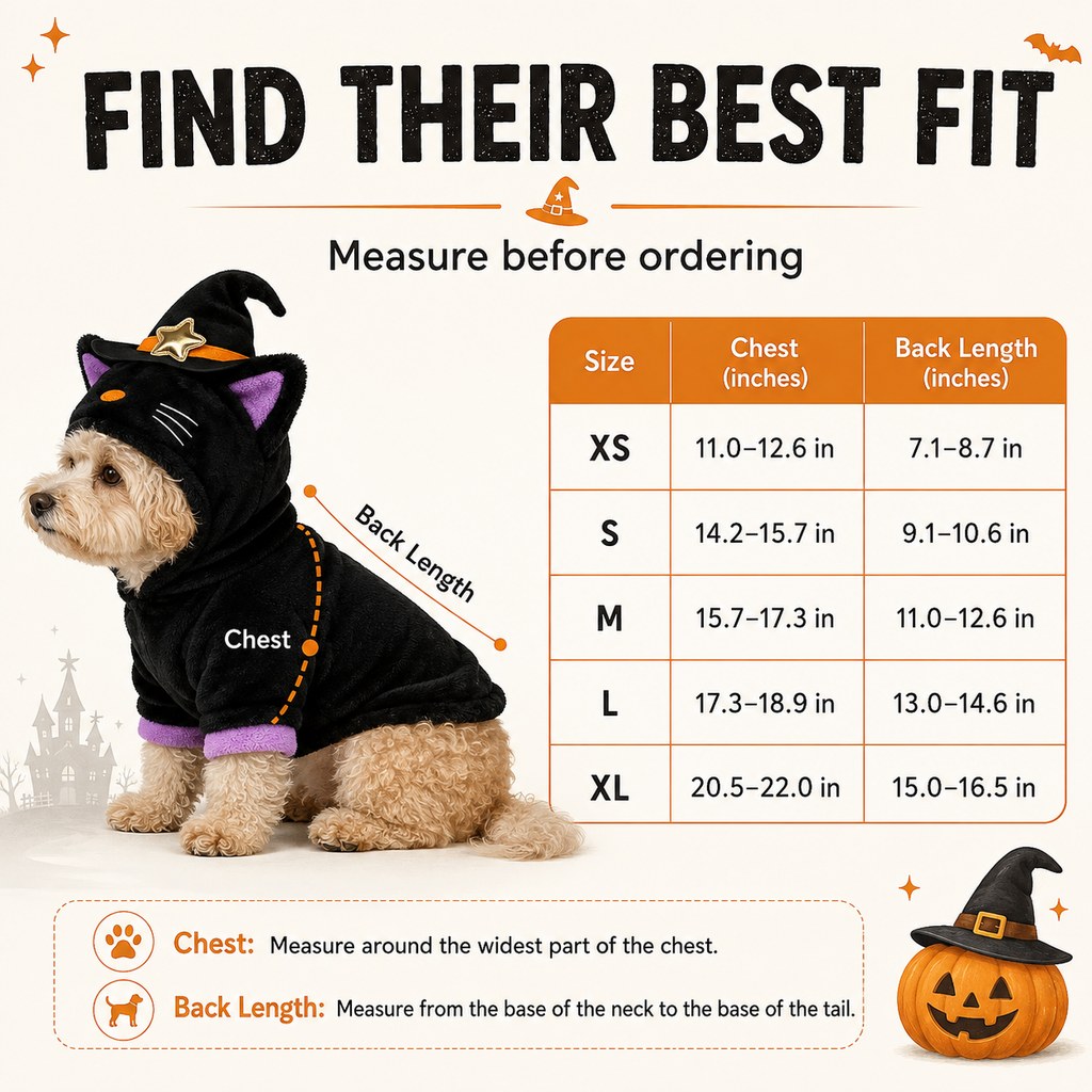 Halloween pet costume hoodie size guide