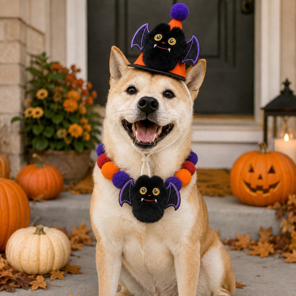 Halloween pet hat and pom-pom collar set image 2