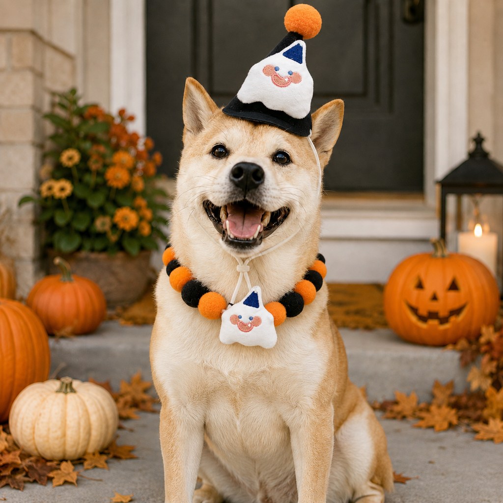 Halloween pet hat and pom-pom collar set image 3