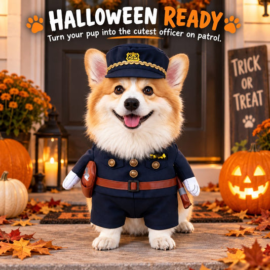 dog wearing police costume for halloween party