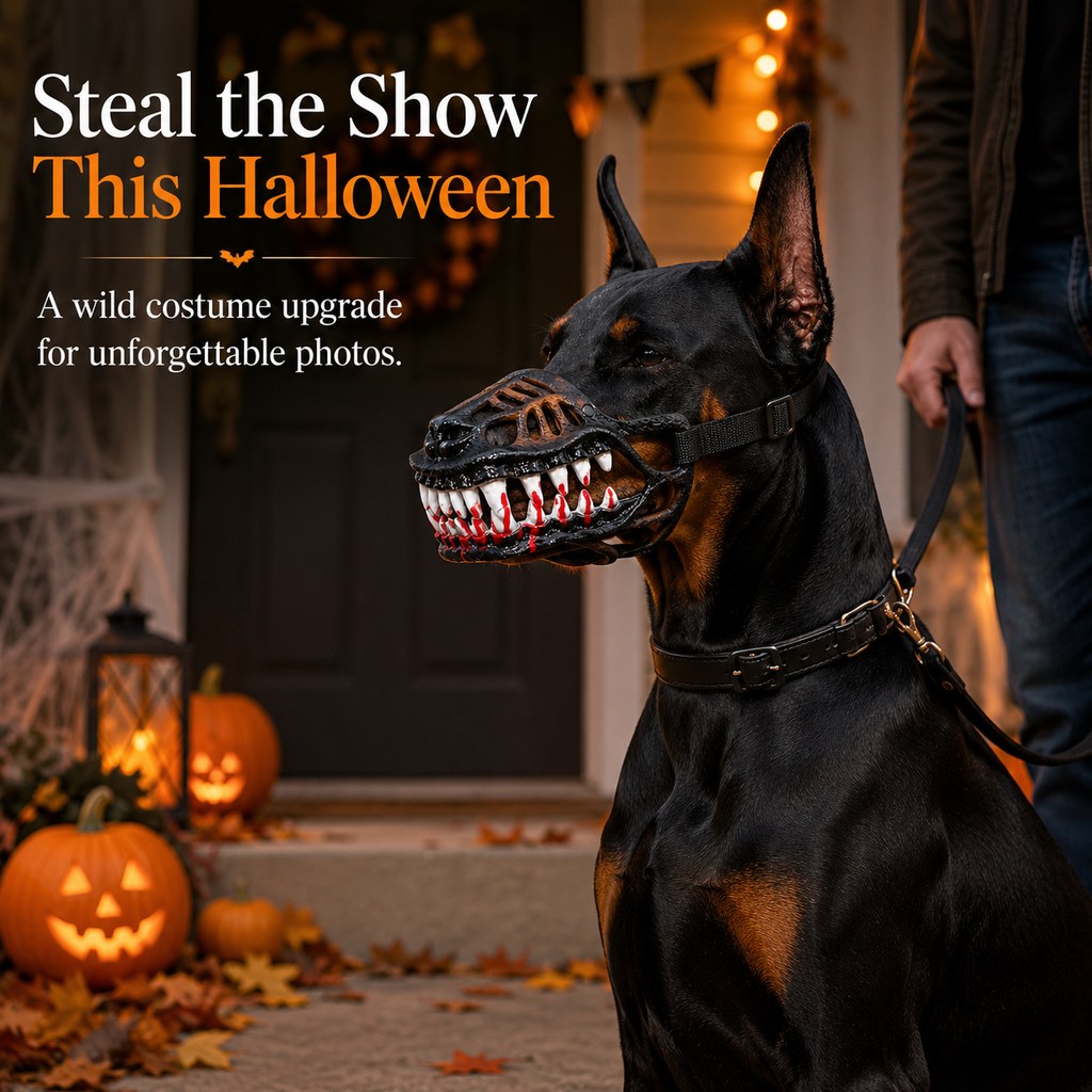 Halloween Red Teeth dinosaur dog muzzle for supervised costume photos