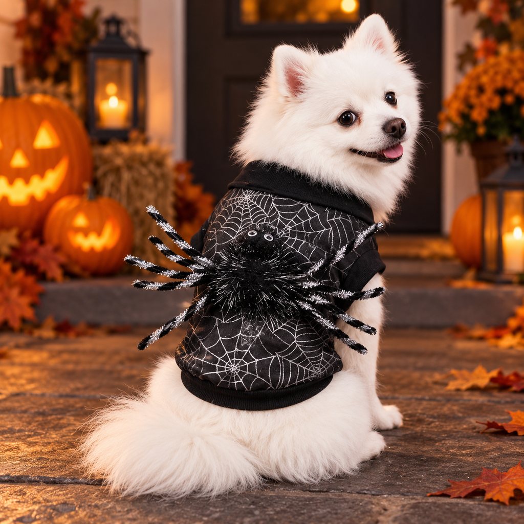 Halloween spider web dog costume with fuzzy 3D spider