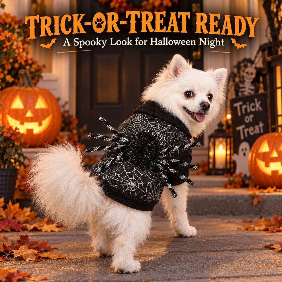 Spider dog costume ready for trick-or-treating