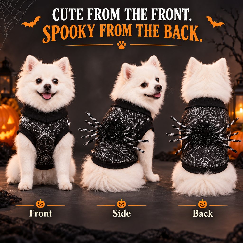 Front side and back views of spider dog costume