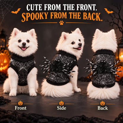 Front side and back views of spider dog costume