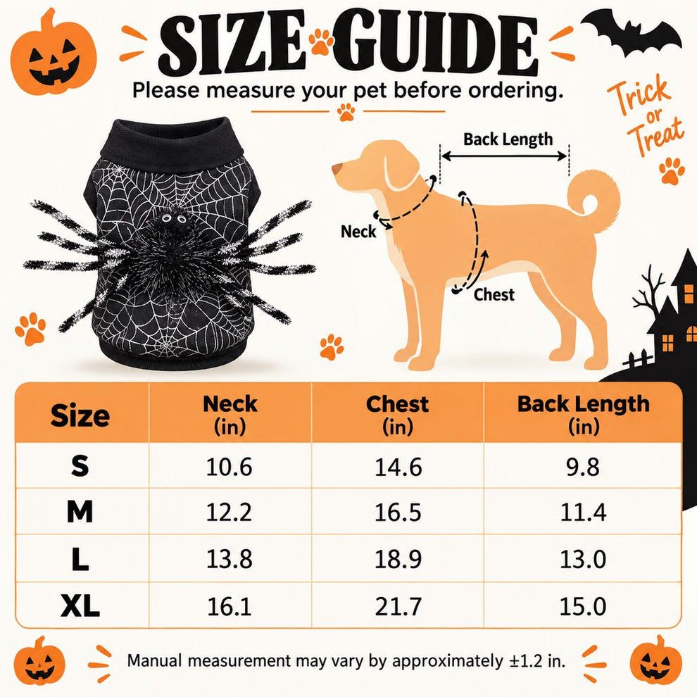 Halloween spider web dog costume size guide